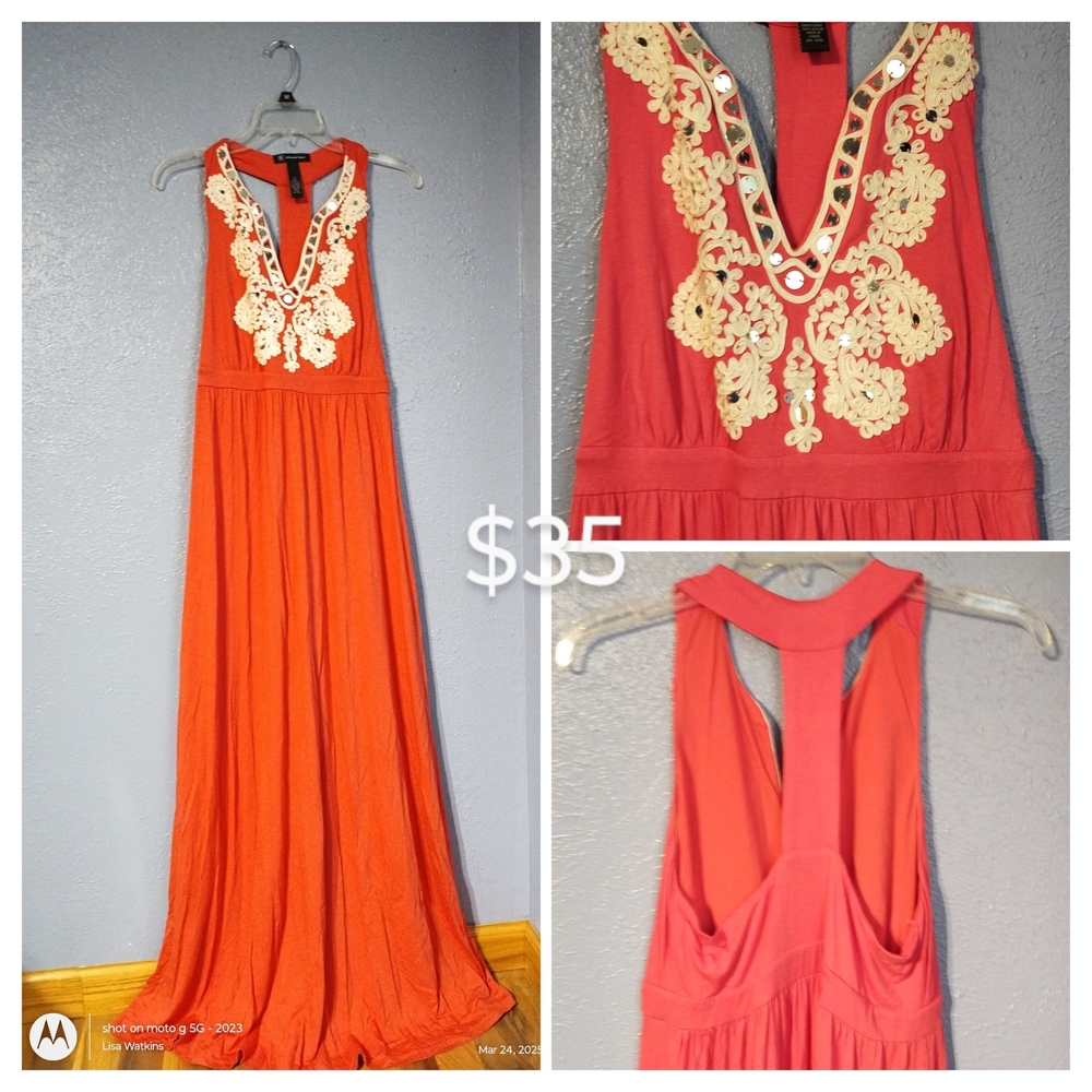 Elegant Coral Maxi Dress with Embroidered Detail